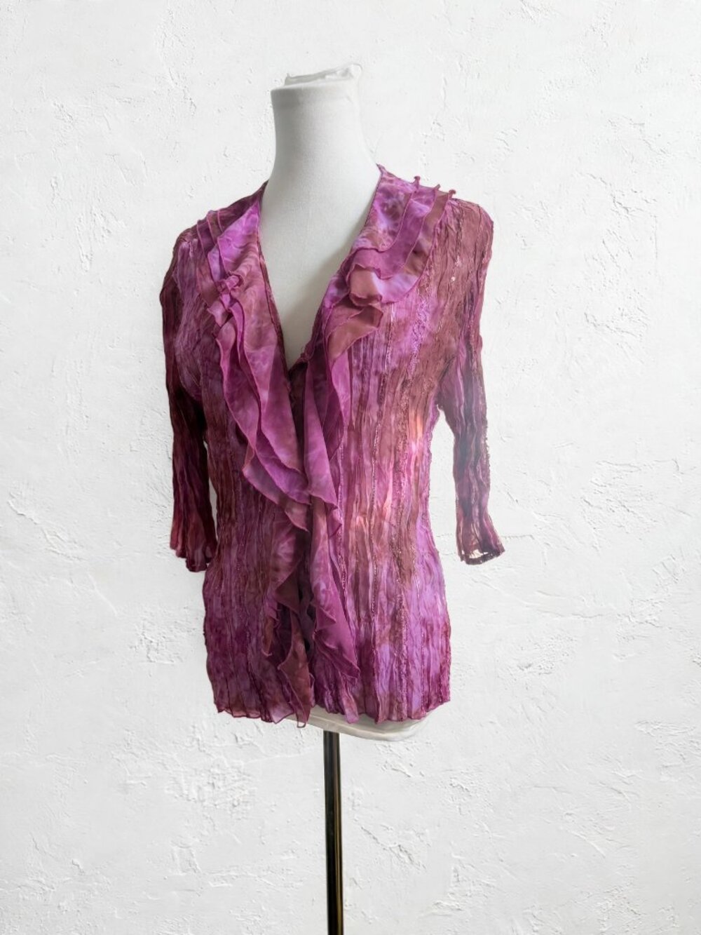 Agora Purple Crinkle Ruffle V-Neck Blouse L Bohemian Fairycore